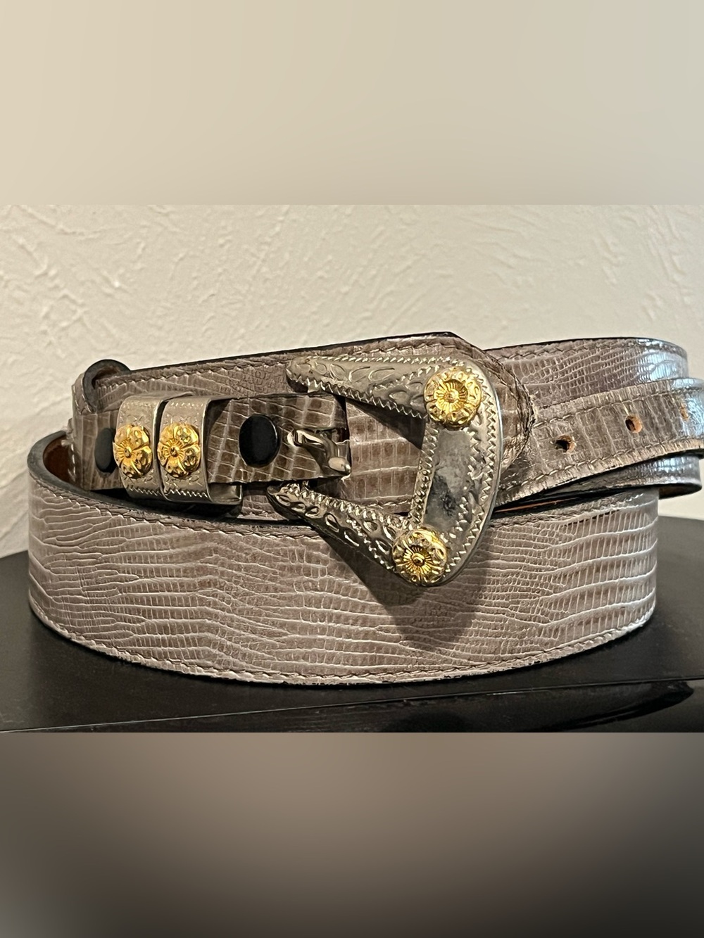 Gray Textured Leather Western Belt with Gold-Toned Accents